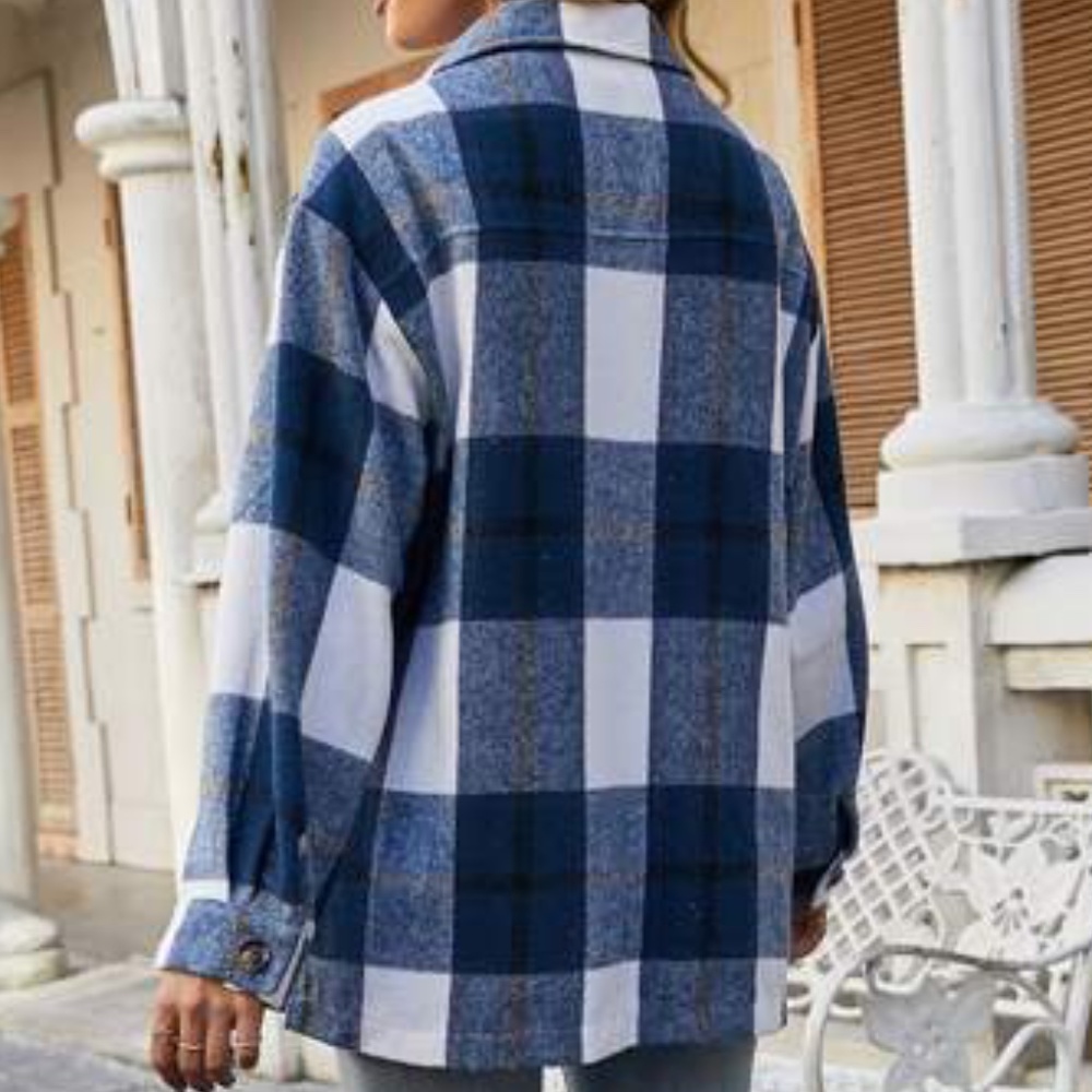 SOLD OUT Blue Plaid Flap Pocket Button Up Shacket Shirt Jacket - Picture 2 of 3